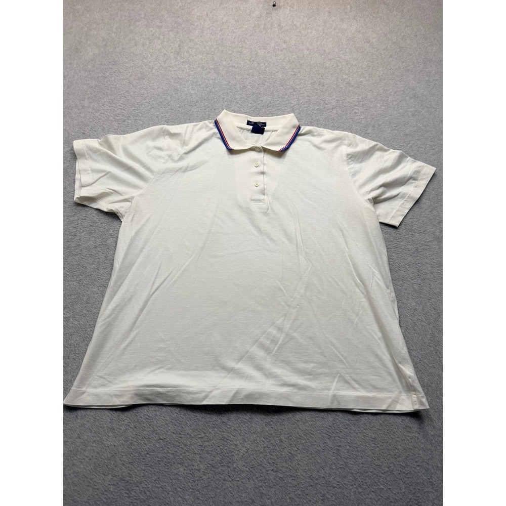 White Short Sleeve Polo Shirt Striped Tipped Collar Jersey Knit Top